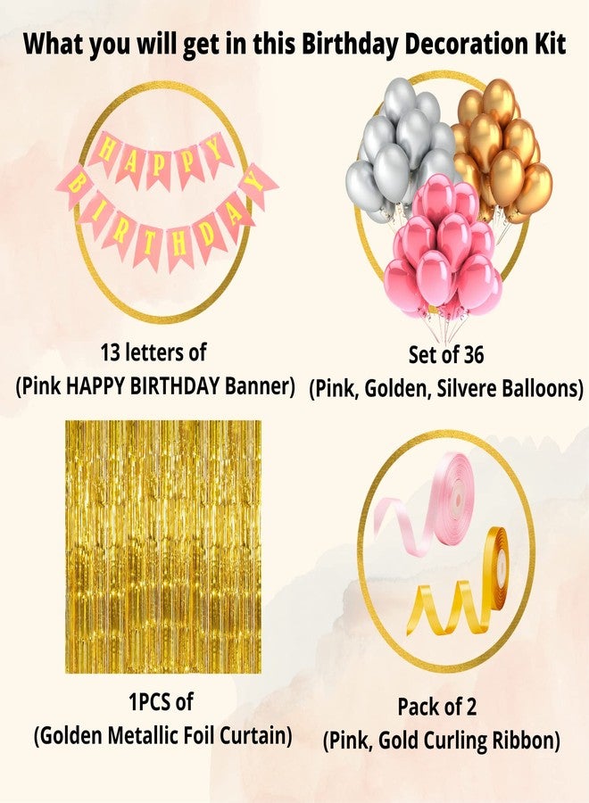 Flyloons Gold Pink Silver Birthday Decorations for Girls Set For Girls Women Mom Set of 52pcs happy birthday decoration items birthday decoration kit of Balloons, Foil Curtain Banner Curling Ribbon - Image 2